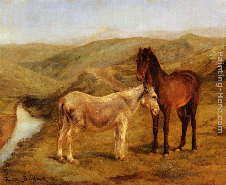A Horse And Donkey In A Hilly Landscape painting - Rosa Bonheur A Horse And Donkey In A Hilly Landscape art painting